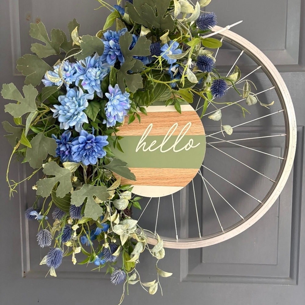 Floral Bicycle Wheel Wreath with Blue Accents